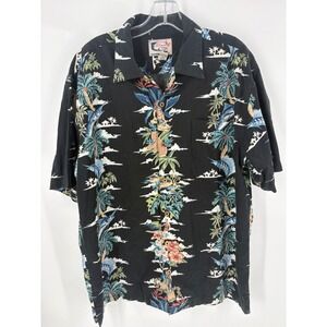 Bluewater Wear Mens Black Aloha Hawaiian Shirt Fish Palm Tree Print Size XL